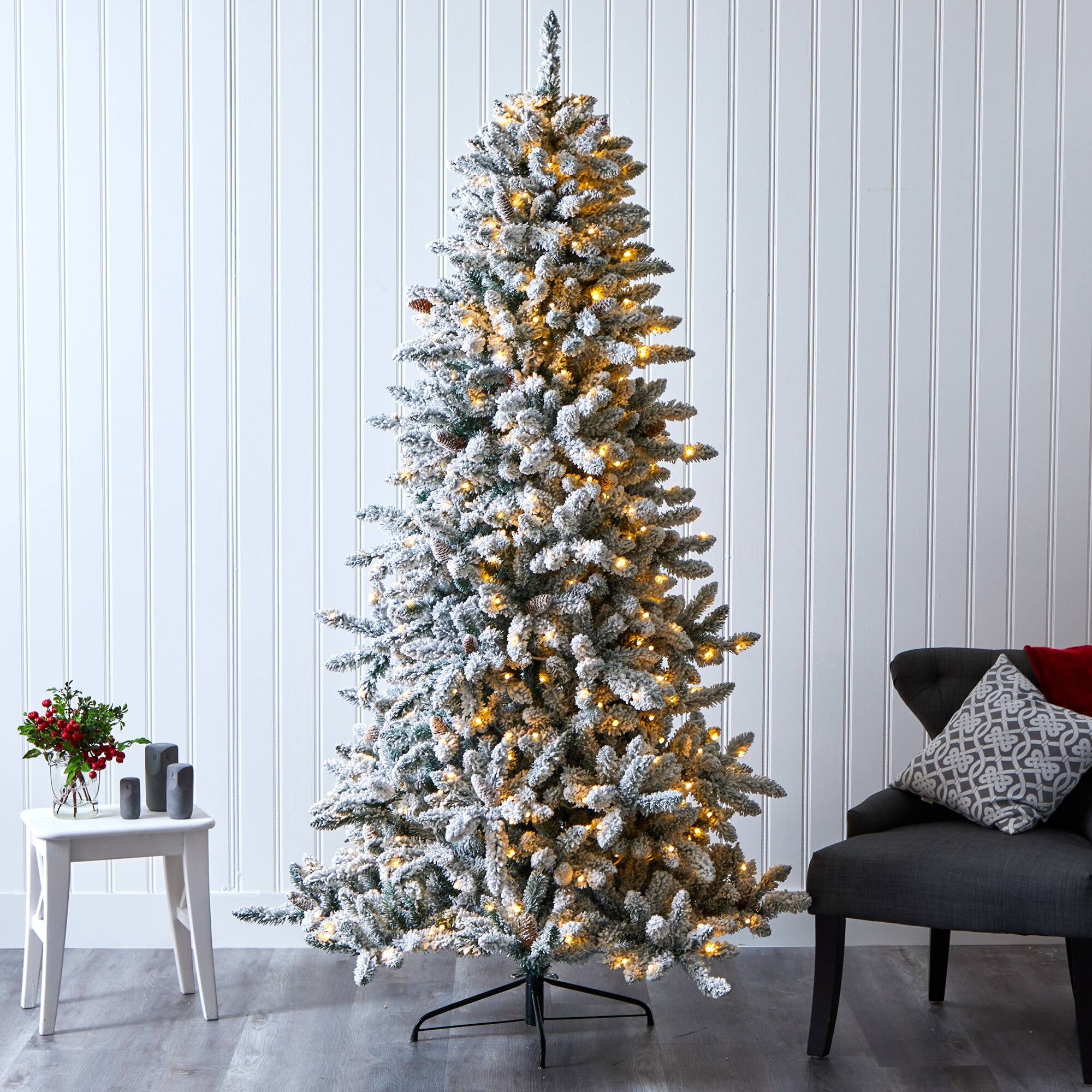 7.5ft. Pre-Lit Flocked Livingston Fir Artificial Christmas Tree with Pinecones and Clear Warm LED Lights
